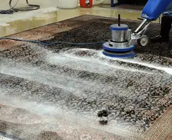 Professional rug cleaning with a rotary floor machine and shampoo foam, deep-cleaning an area rug, in Tempe, AZ.